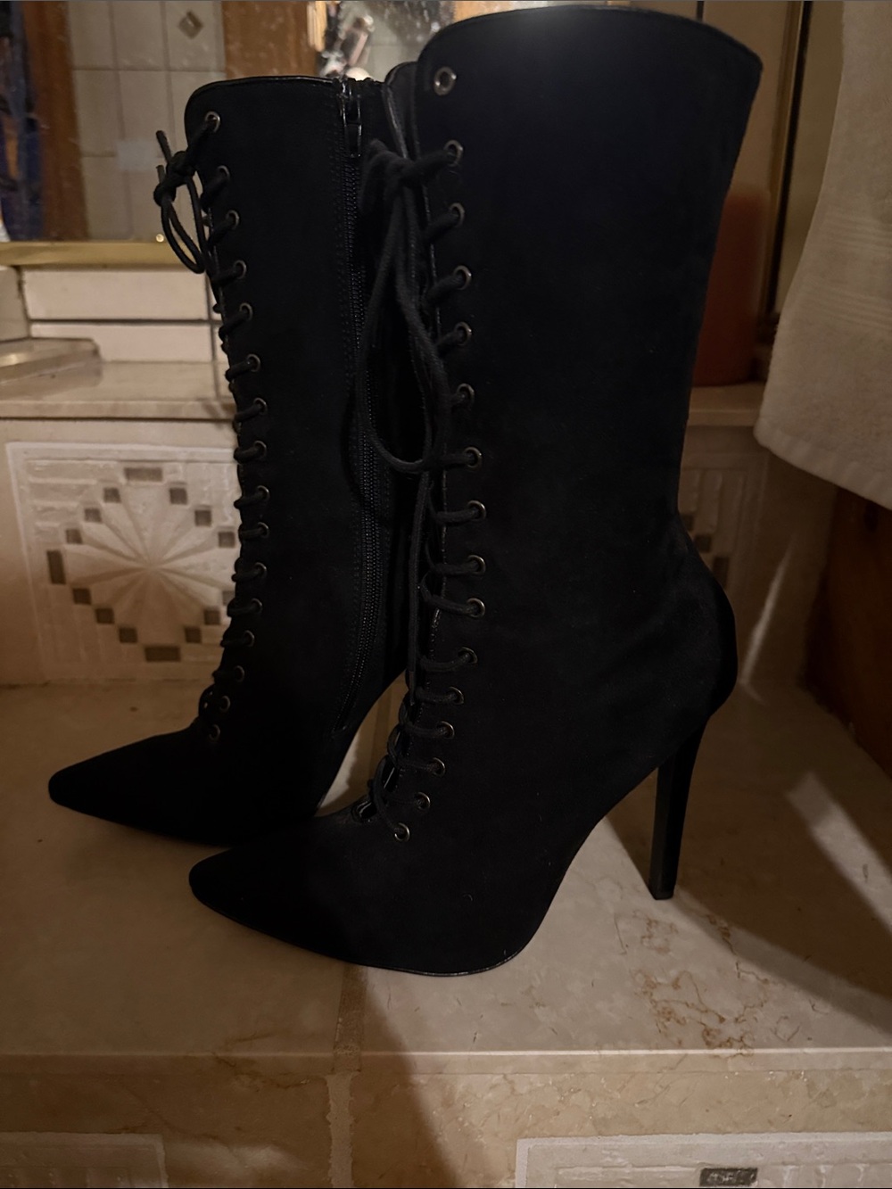 Liliana Black Lace-Up Pointed Toe Stiletto Boots